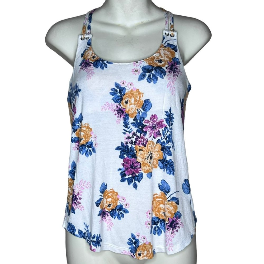 Pink Republic Women's White Floral Blouse Double Spaghetti Strap Flowy Size XS